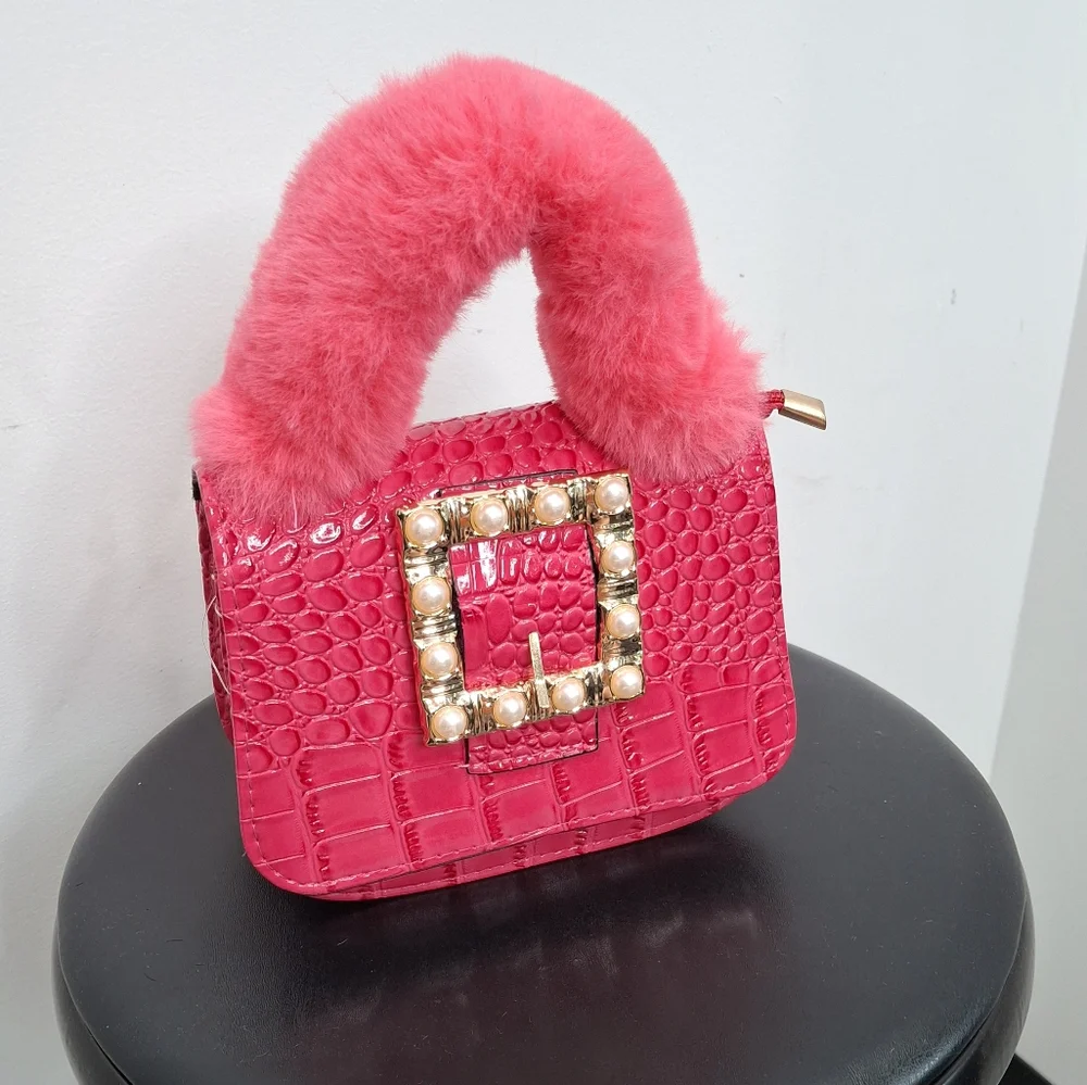 Pink Preppy Mini Crock Embossed Pearl Buckle Fuzzy Bag - Picture 3 of 7